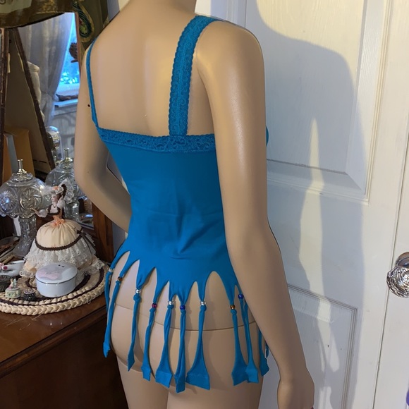 Hand beaded fringe turquoise teal tank top Upcycled and unique ooak  S M - Picture 3 of 12